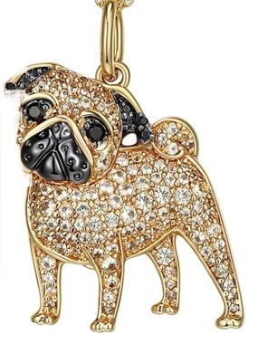 18k 925 Pug Diamond Pendant Necklace - Gold Tone with Black Accents